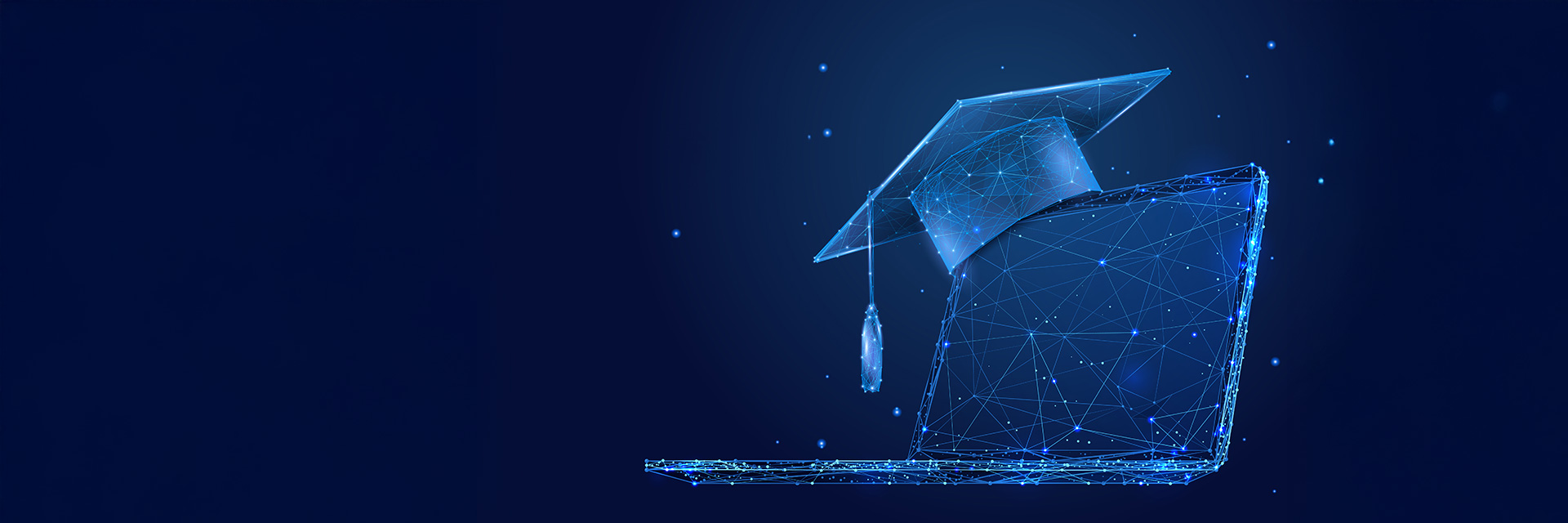 Virtueller Laptop mit einem virtuellen Akademikerhut